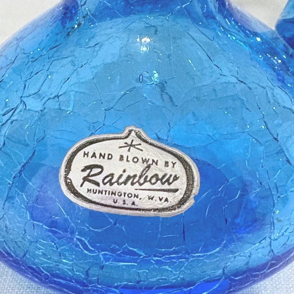 Rainbow Art Glass Cobalt Blue Crackle Glass Decanter Pitcher Triple Ball Stopper